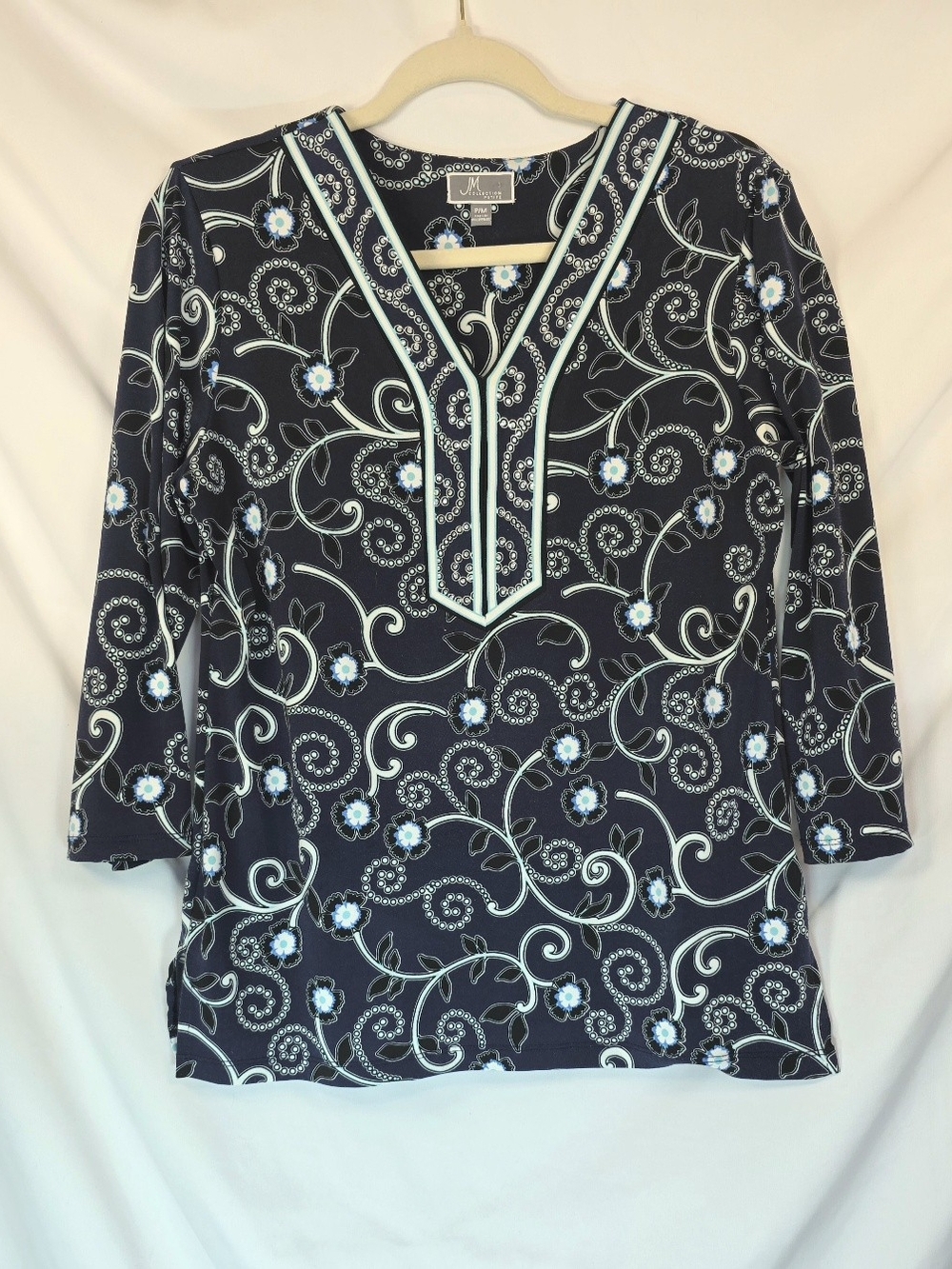 JM Collection Floral Blouse Sz PM Rhinestone Embellished V-Neck 3/4 Sleeves